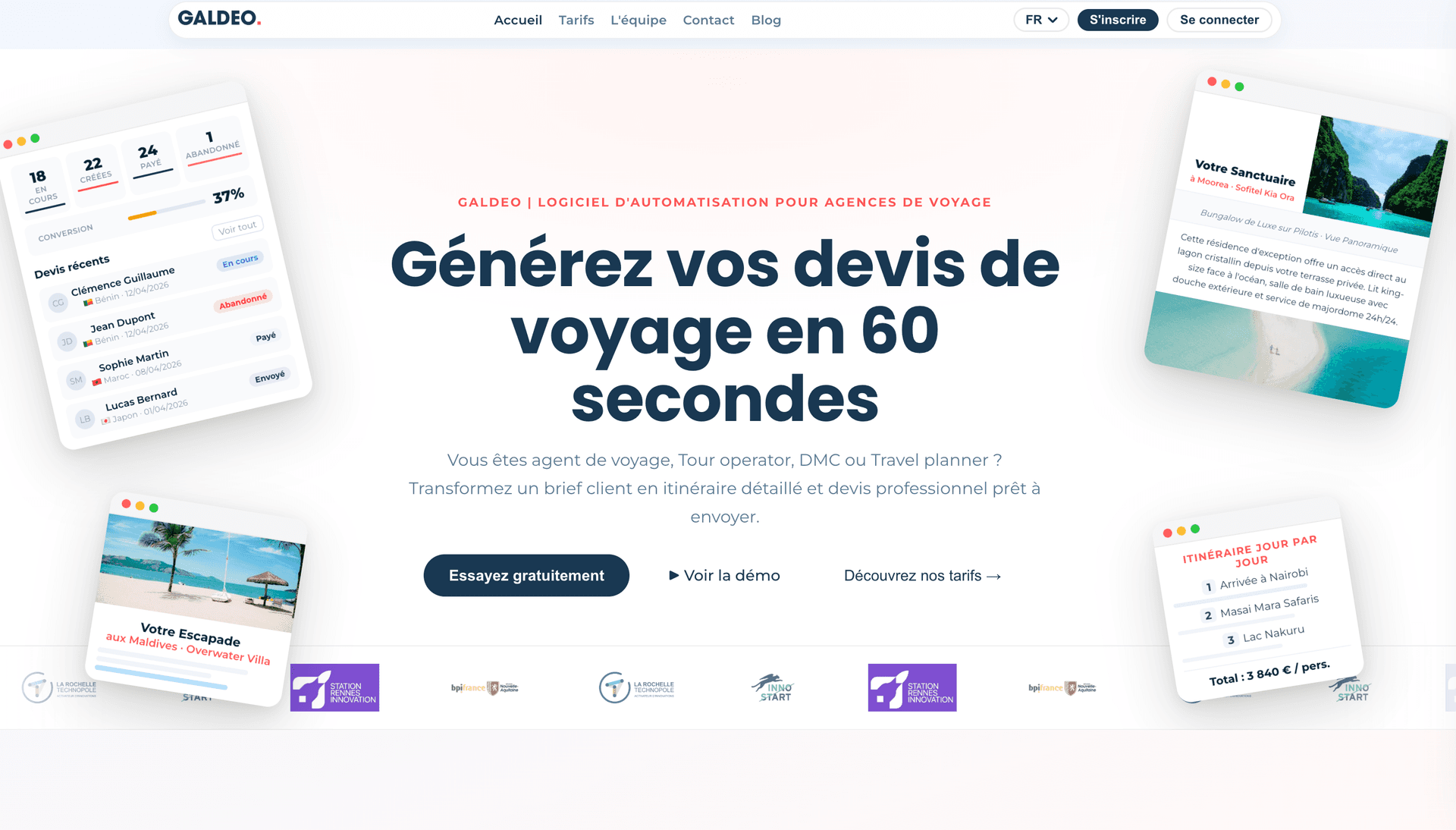 Site SaaS GALDEO — logiciel de devis voyage, génération en moins de 60 secondes